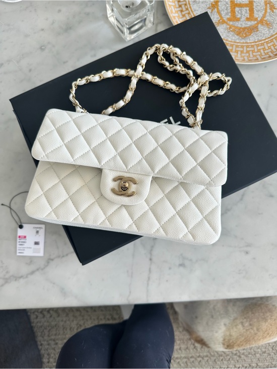 CHANEL Handbags - CHANEL Small Classic Flap White Caviar Leather Light Gold Chain